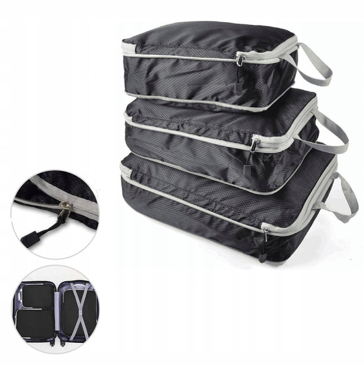 LUGGAGE ORGANIZER 3 PCS COMPRESSION PACK TRAVEL SUITCASE ORGANIZER Color black