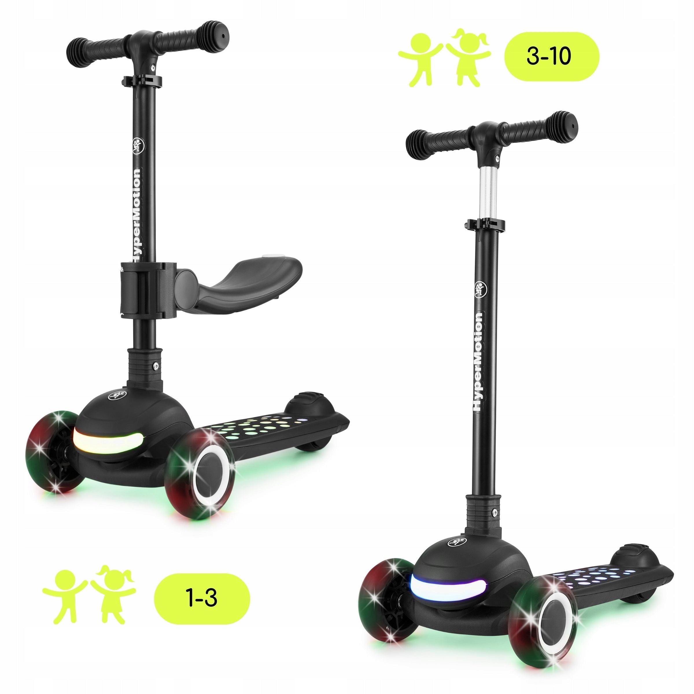 LUMI 3in1 Balance Scooter - Illuminated Platform and LED Wheels, Black Kind tri-wheeled