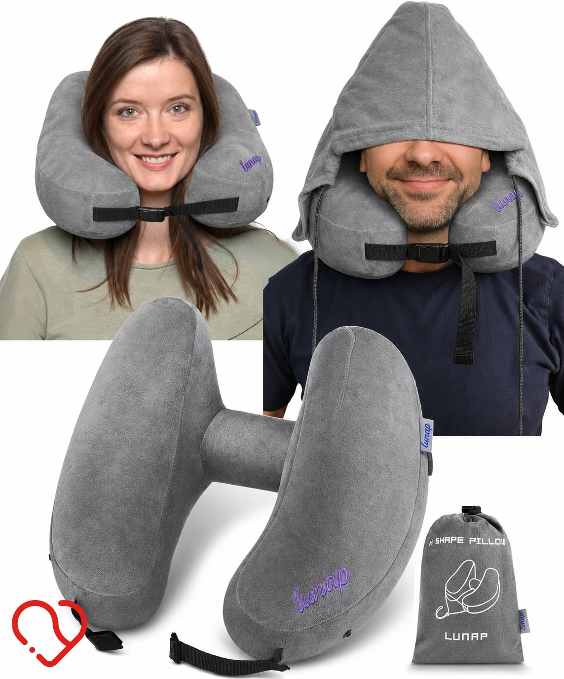LUNAP TRAVEL PILLOW INFLATABLE NECK WITH HOOD GREY
