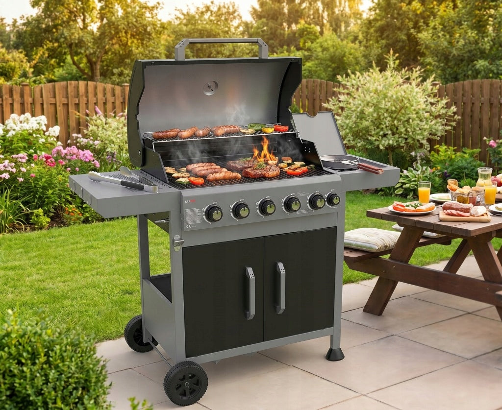 LUND GARDEN GAS GRILL 5+1 COVER SIDE BURNER CAST IRON GRATE 70x42CM Brand Lund