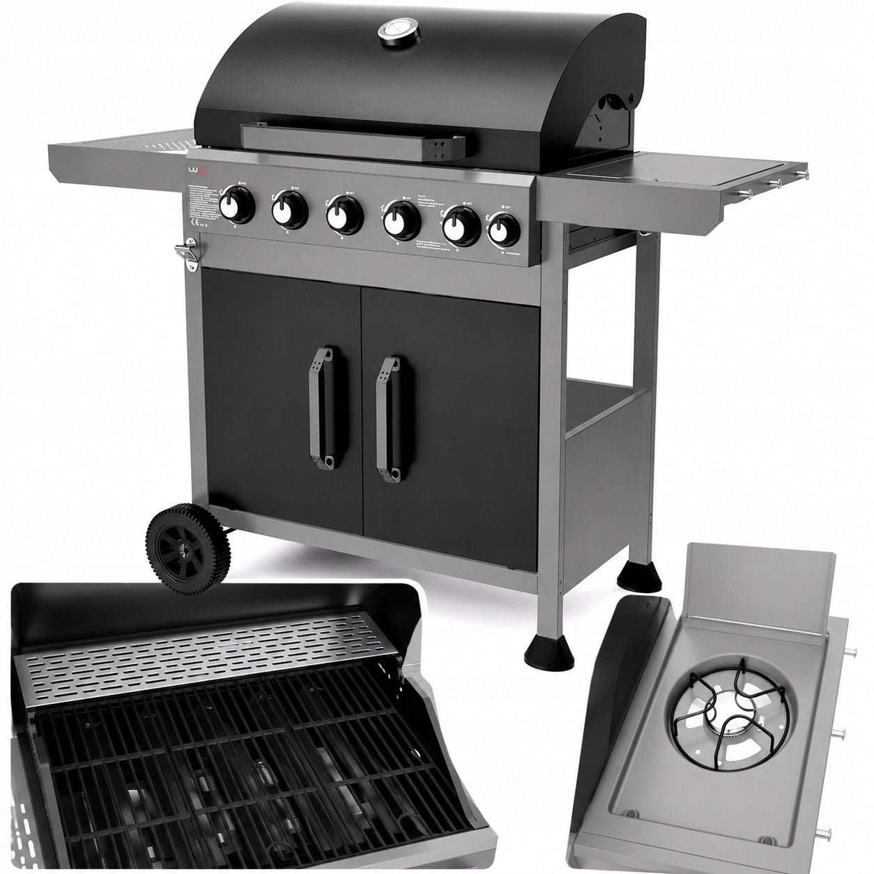 LUND GARDEN GAS GRILL 5+1 COVER SIDE BURNER CAST IRON GRATE 70x42CM