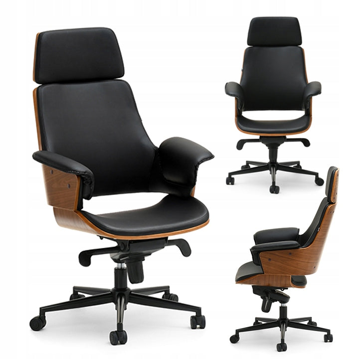 LUXURY ARMCHAIR BLACK ECO OFFICE WOOD WITH HEADREST CLEMENS WALNUT