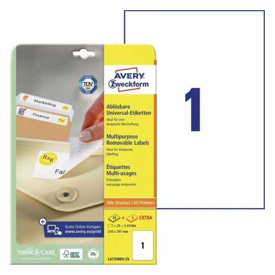 Labels removable avery 210x297mm L4735REV-25