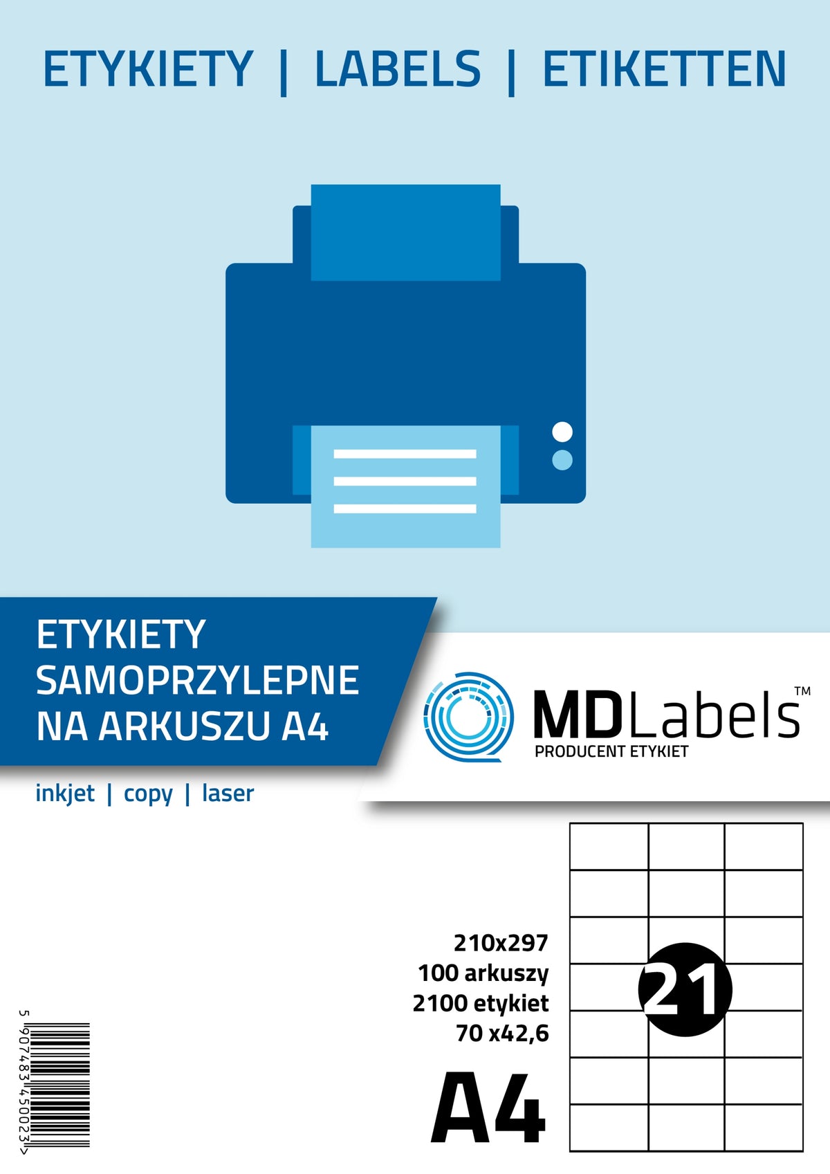 Labels sheets a4 self-adhesive 70x42,6 100 sheets Label length 42 mm