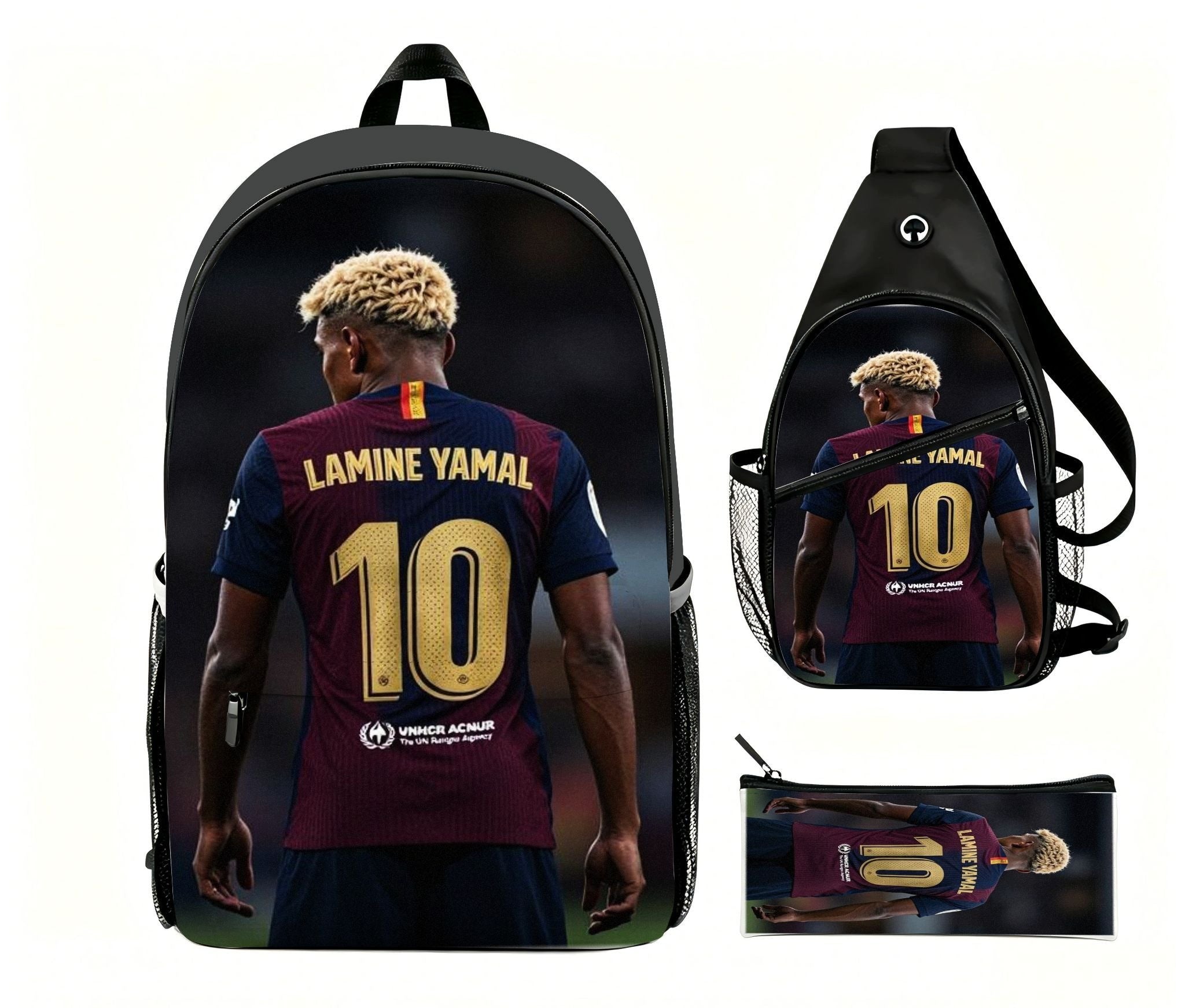 Lamine Yamal 10 FC Barcelona Backpack Shoulder Bag Pencil Case Set - Black