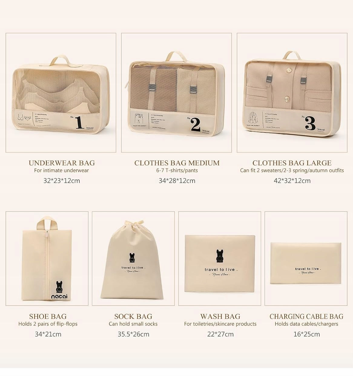 Lammcou Suitcase Organizer, 8-Piece Travel Bag Set Cubes Color beige