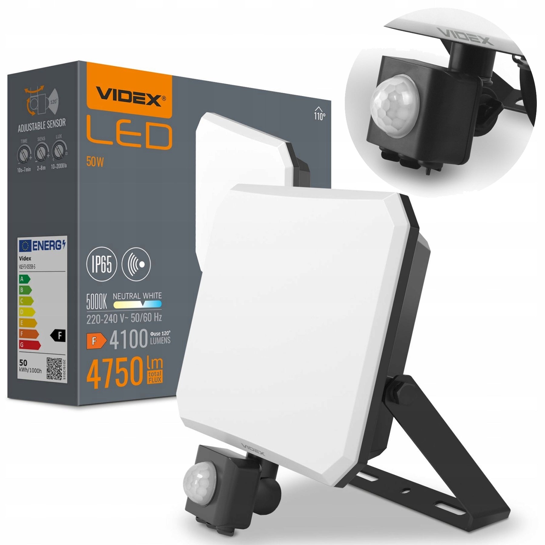 Lamp with Motion Sensor 50W Floodlight Halogen LED Videx 4750lm IP65 IK07