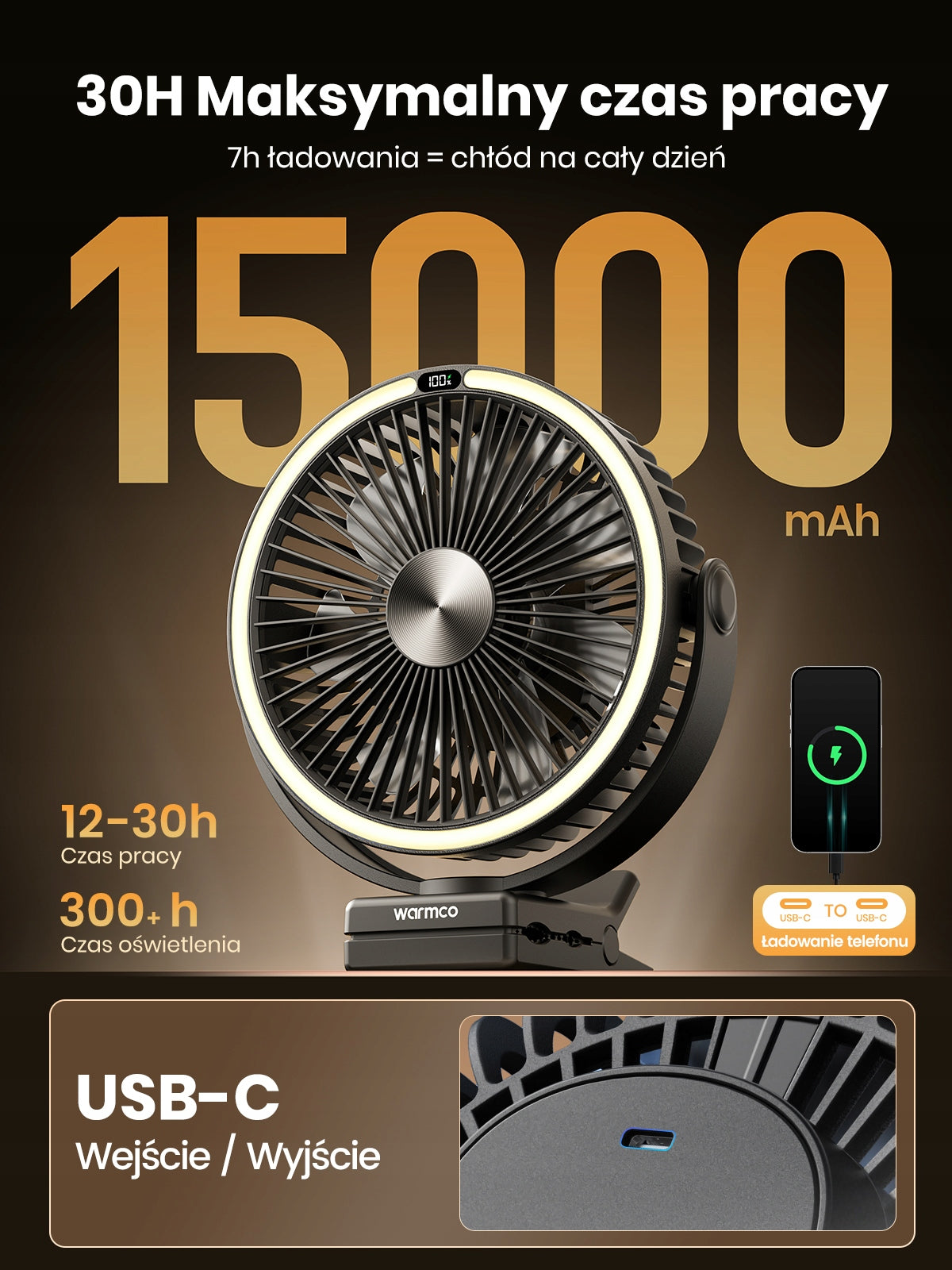 Lampa kempingowa Wentylator Warmco Przenośny Biurkowy Klipsem USB 15000mAh Manufacturer code DJ15