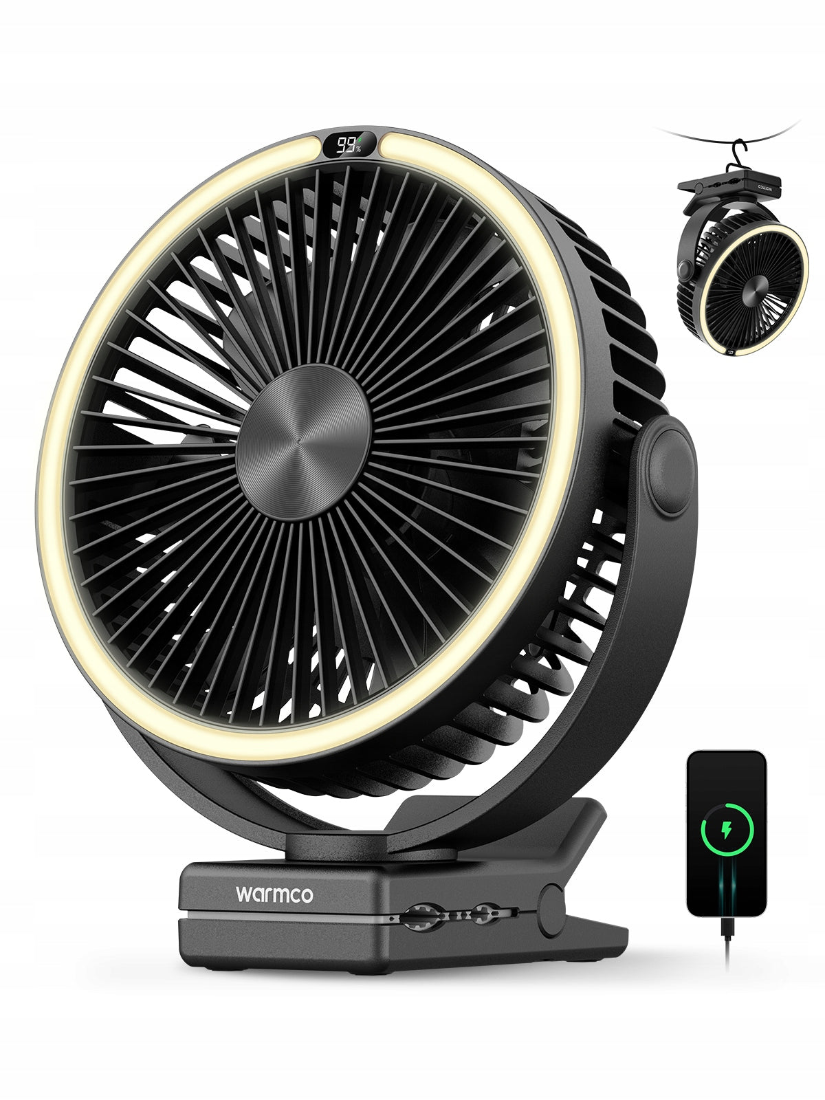 Lampa kempingowa Wentylator Warmco Przenośny Biurkowy Klipsem USB 15000mAh