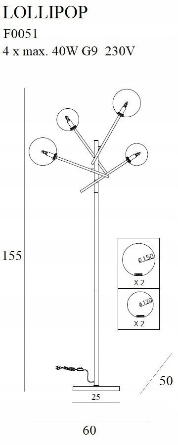 Toršeras Maxlight Lollipop kolekcija juodos spalvos su stiklo kupolu 4xG9 F0051