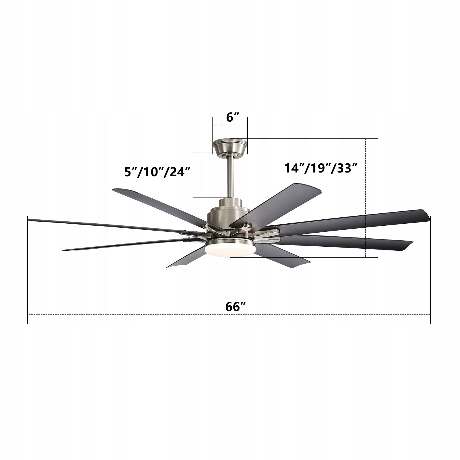 Large, 66-inch smart ceiling fan with 8 blades. Functions timer