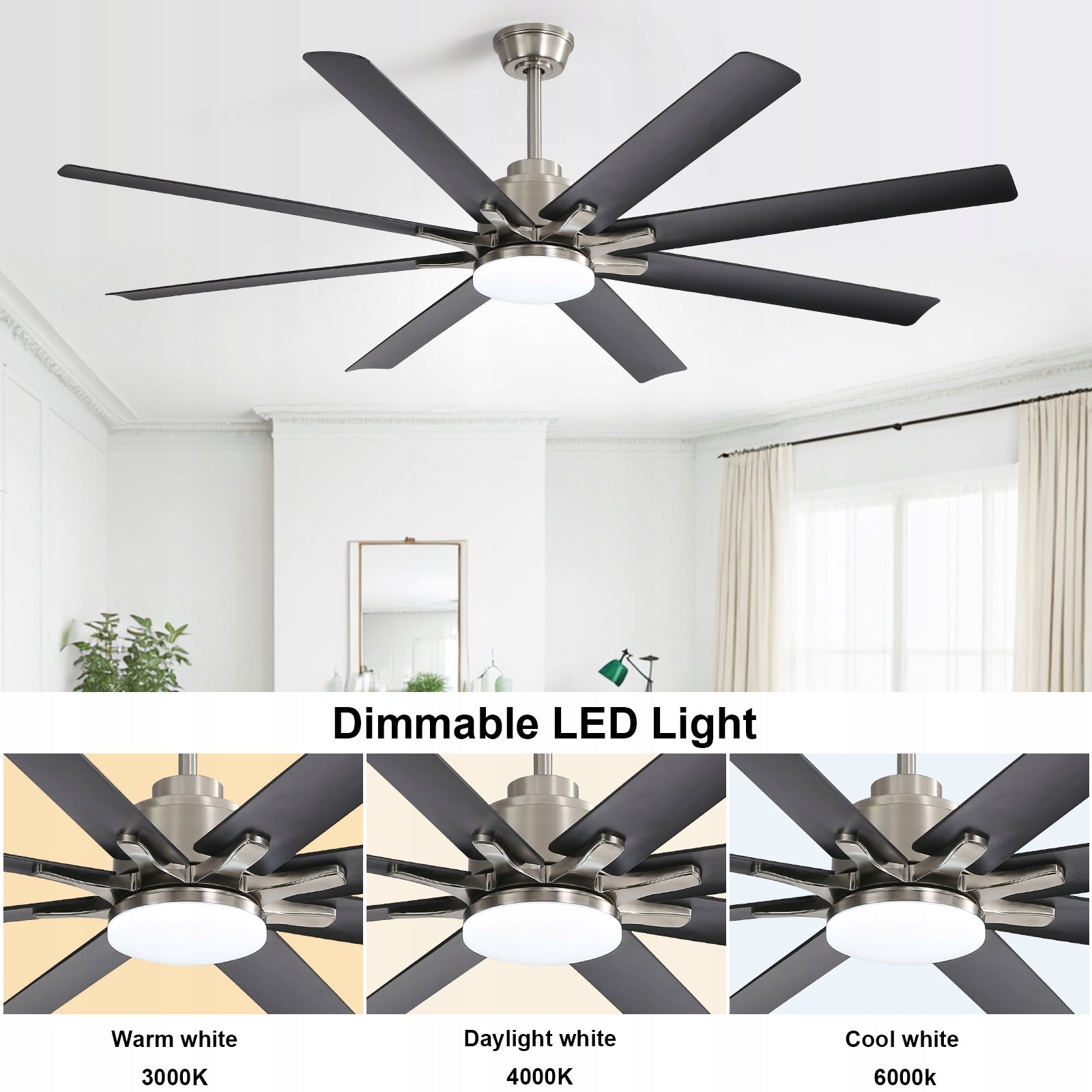 Large, 66-inch smart ceiling fan with 8 blades. Model 8001819943450