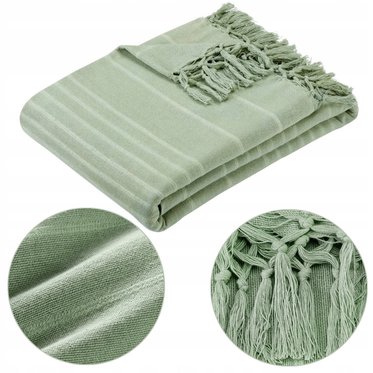 Large Bedspread 160 x 220 cm GREEN cotton blanket soft tassels