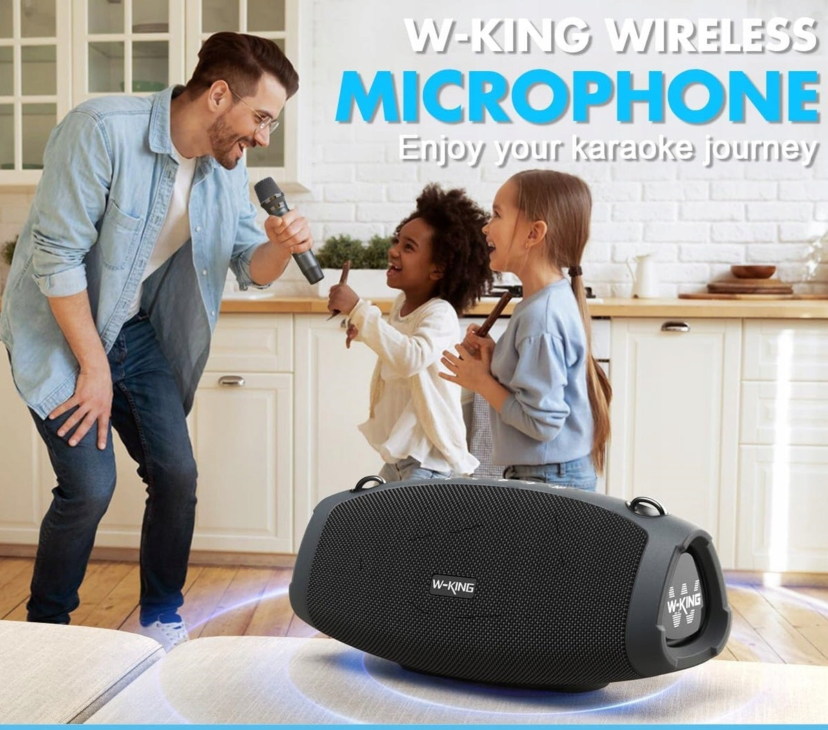 Large Bluetooth Speaker 70W + Wireless Microphone Bass Powerbank W-KING Color black