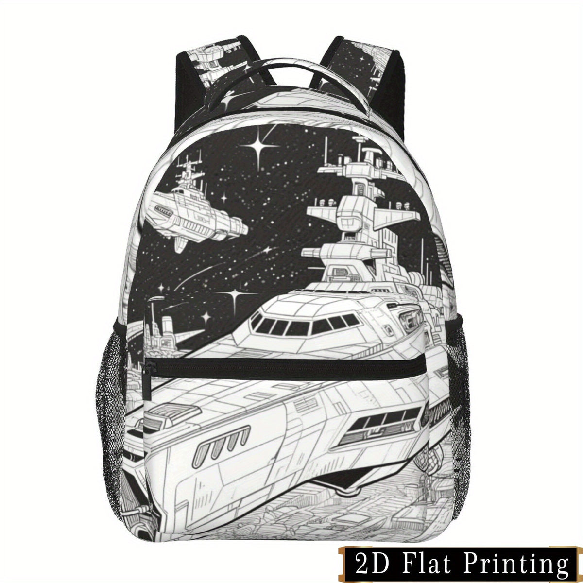 Large Capacity Battleship Print Backpack with Side Pockets