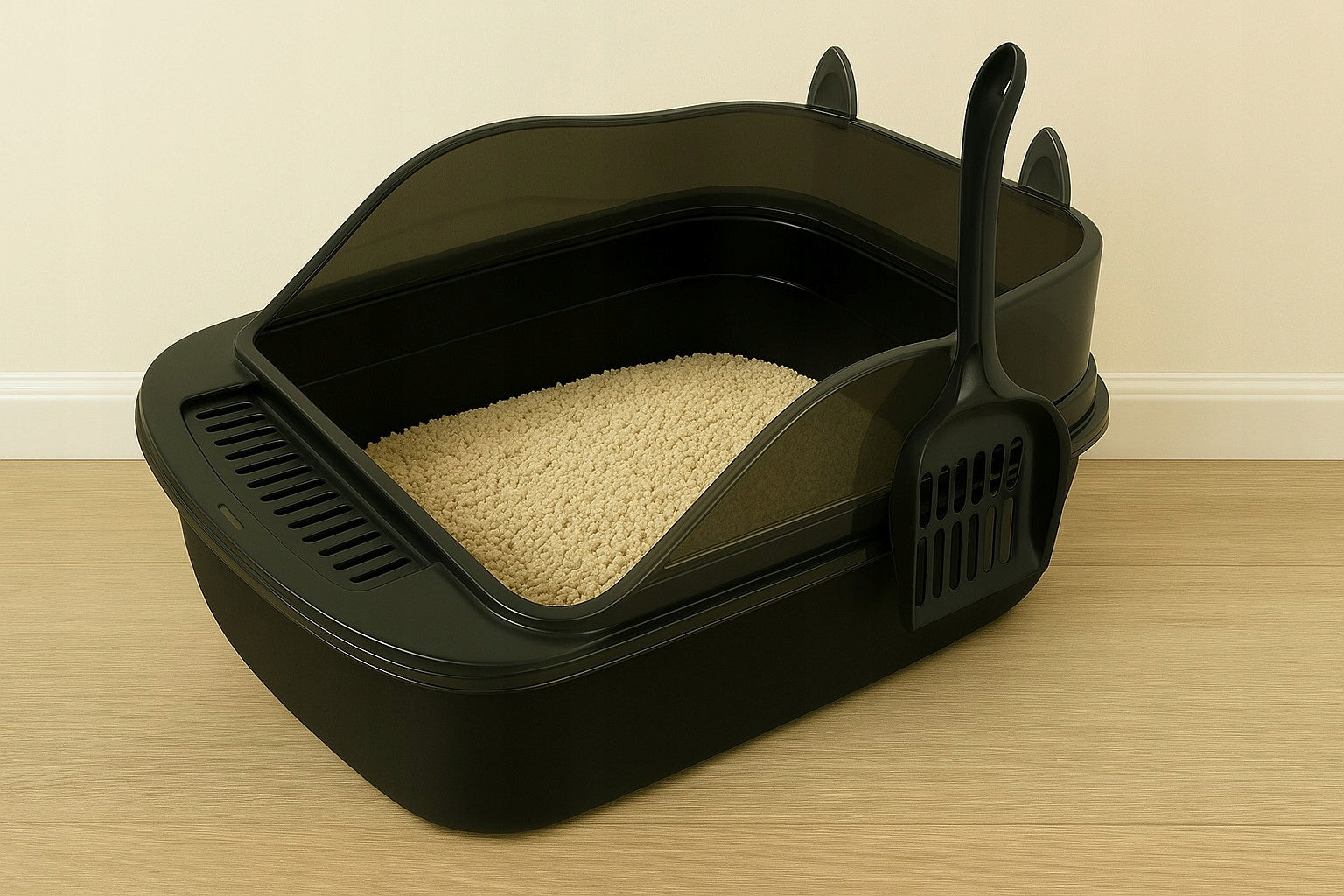 Large Cat Cuvette with Ears BLACK Open Sturdy Durable XXL Spatula Trade name Duża Kuweta dla Kota z Uszami Anytech
