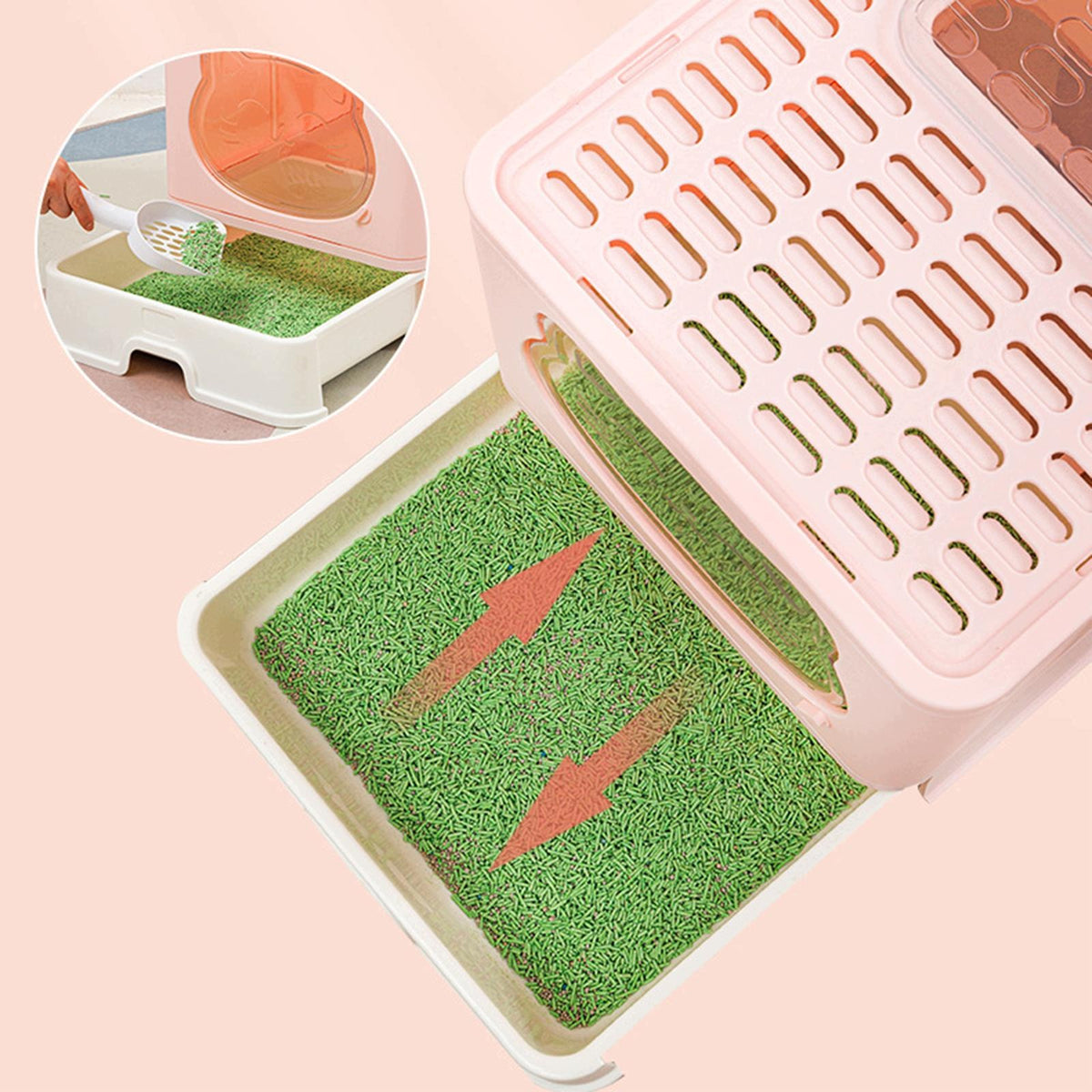 Large Cat Litter Box Collapsible Drawer Type with Lid Kitty Litter Pan Pink Manufacturer code 08764051977