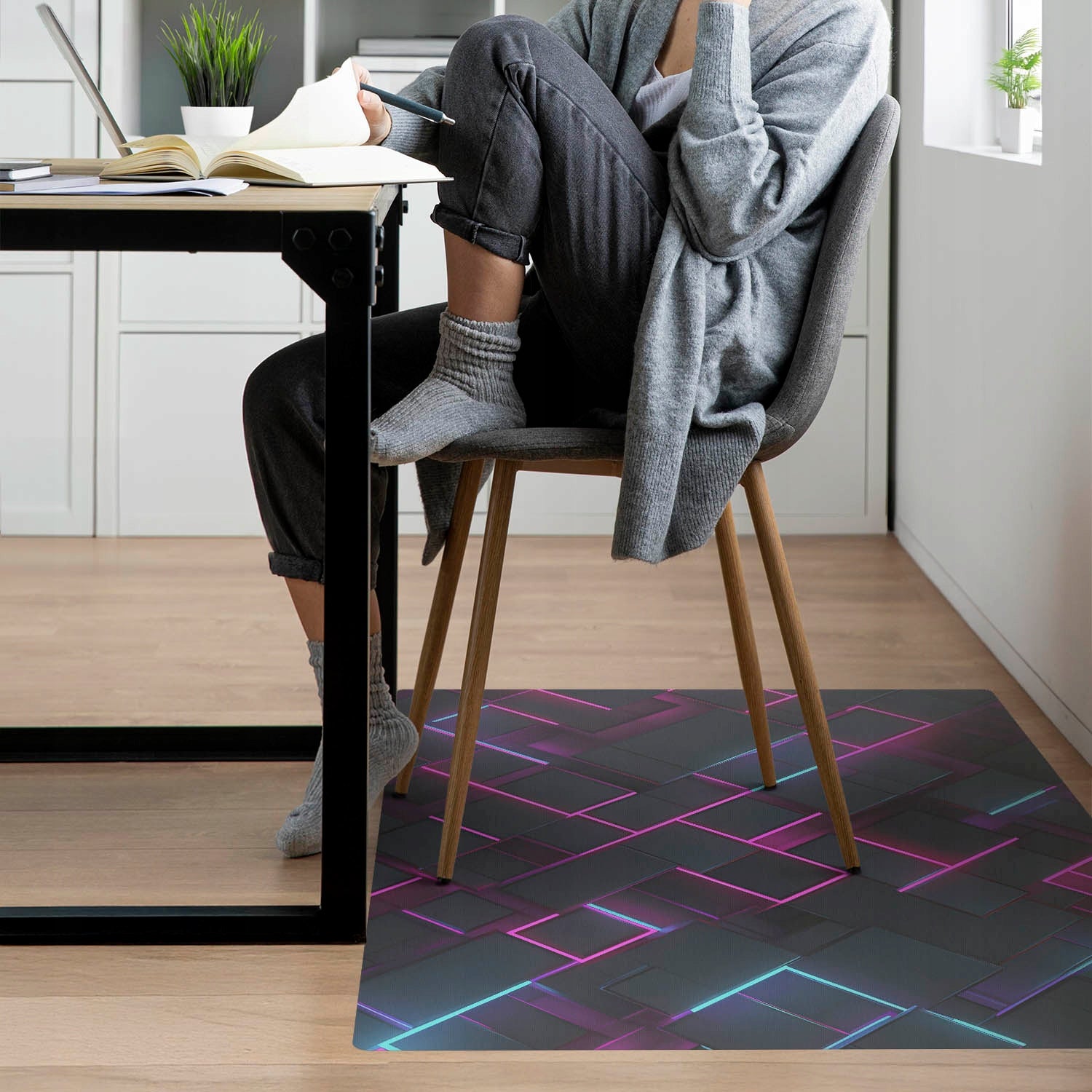 Large Chair Floor Mat Swivel Chair Neon Rectangles 140x100 Color multicolor