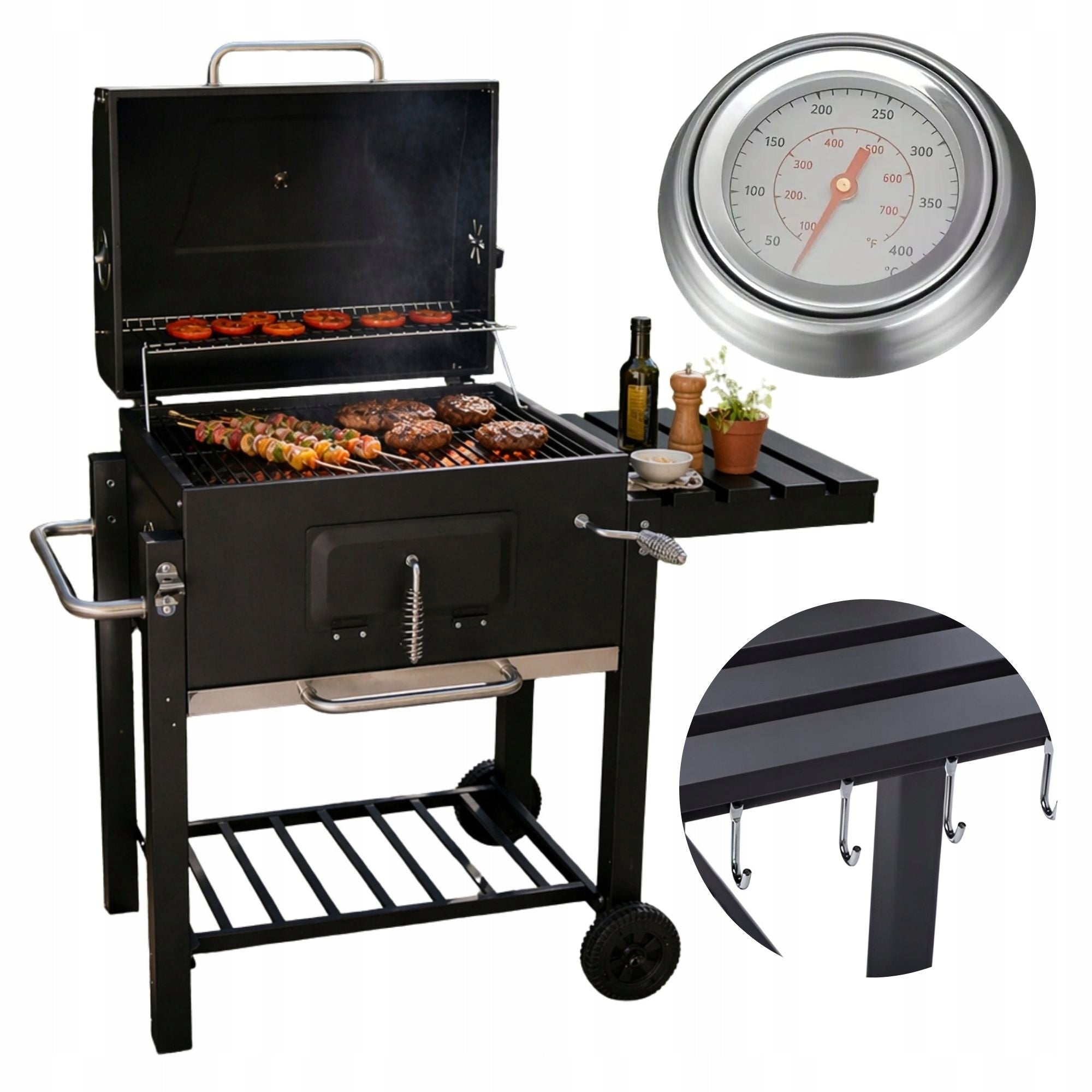Large Charcoal Garden GRILL with Grate Cover Toaster Thermometer Black