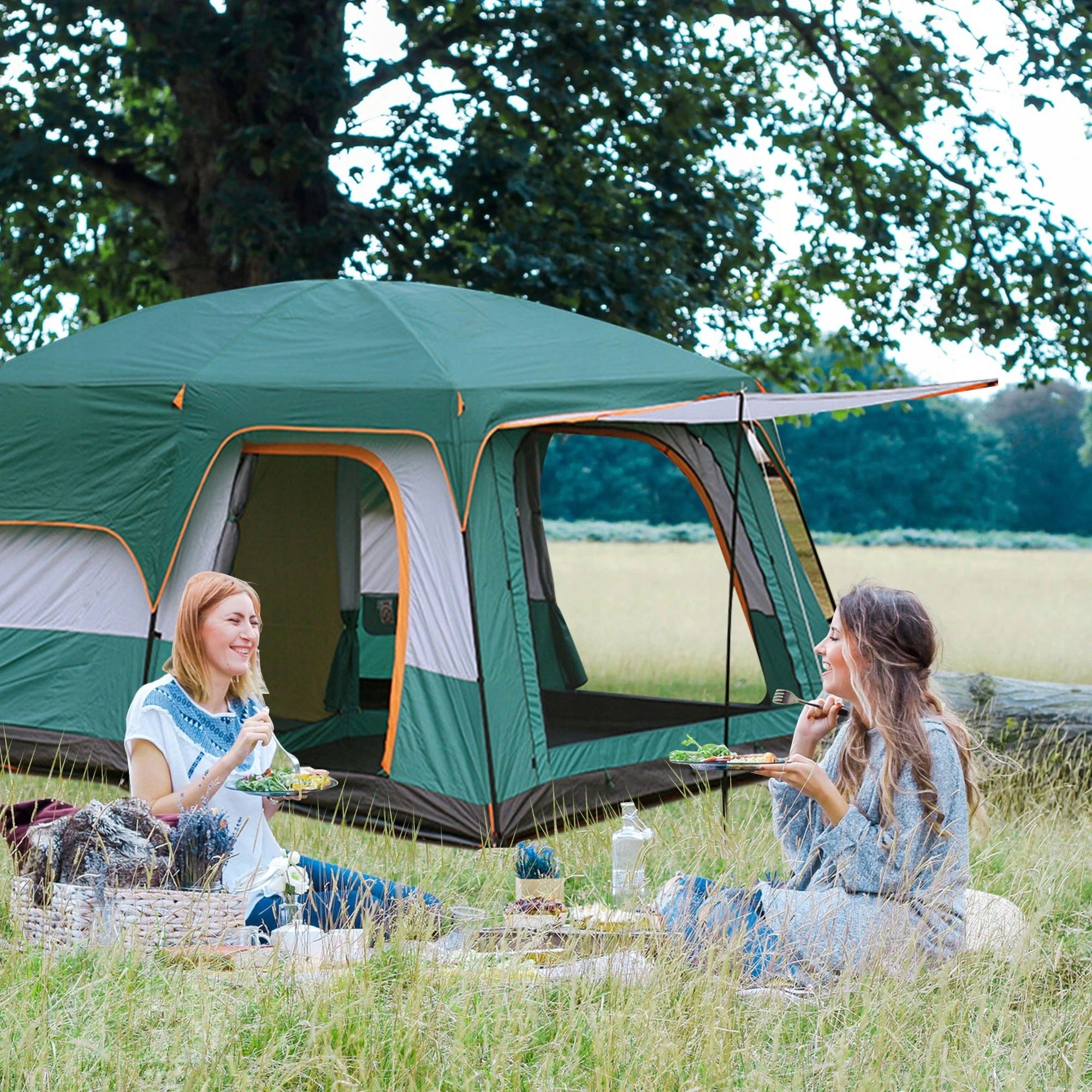 Large Family Camping Tent For 6-8 Persons Green, Tent 2 Rooms Packaging status original