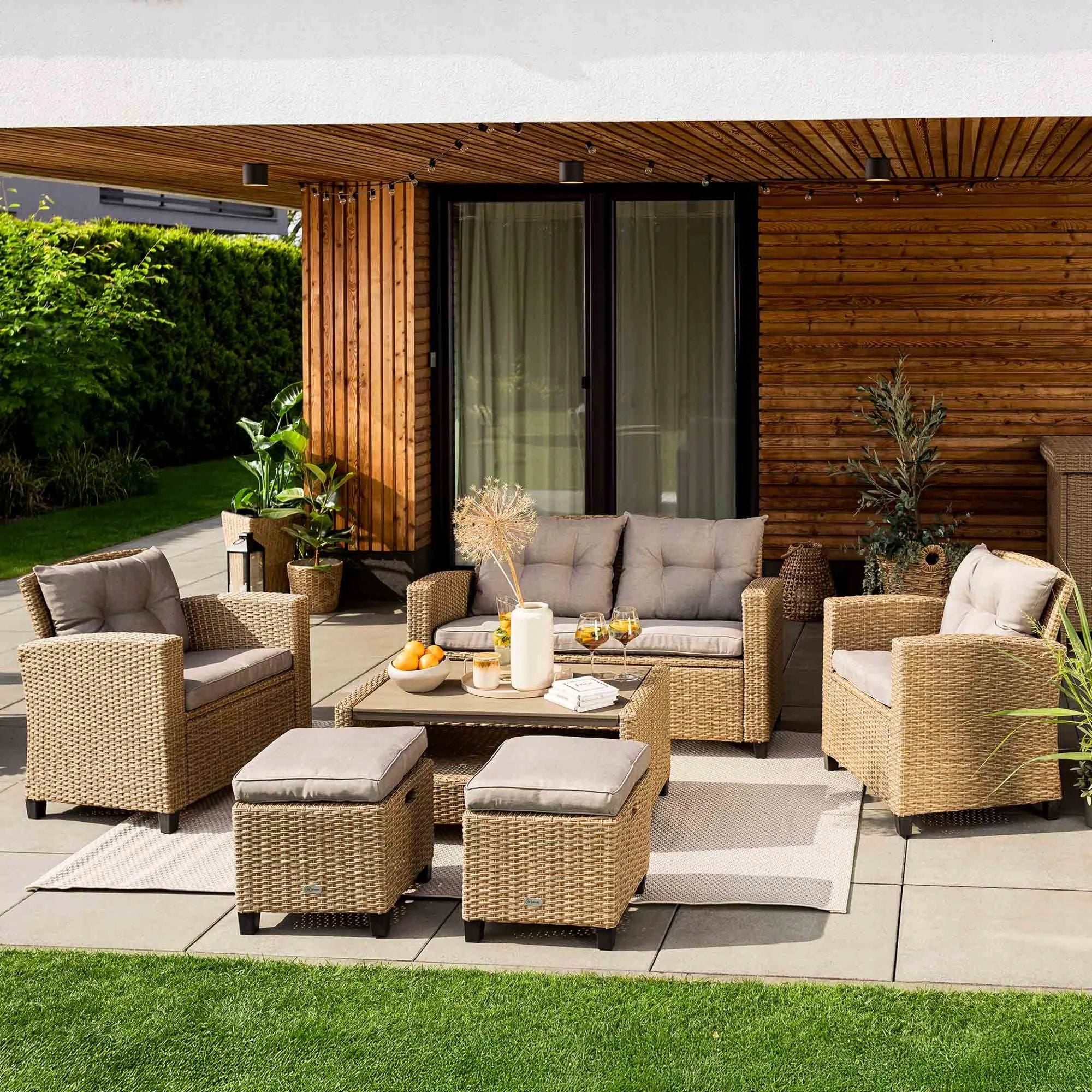 Large Garden Furniture Set Technorattan Sofa Armchairs Table Pouf Cushions Main material synthetic rattan