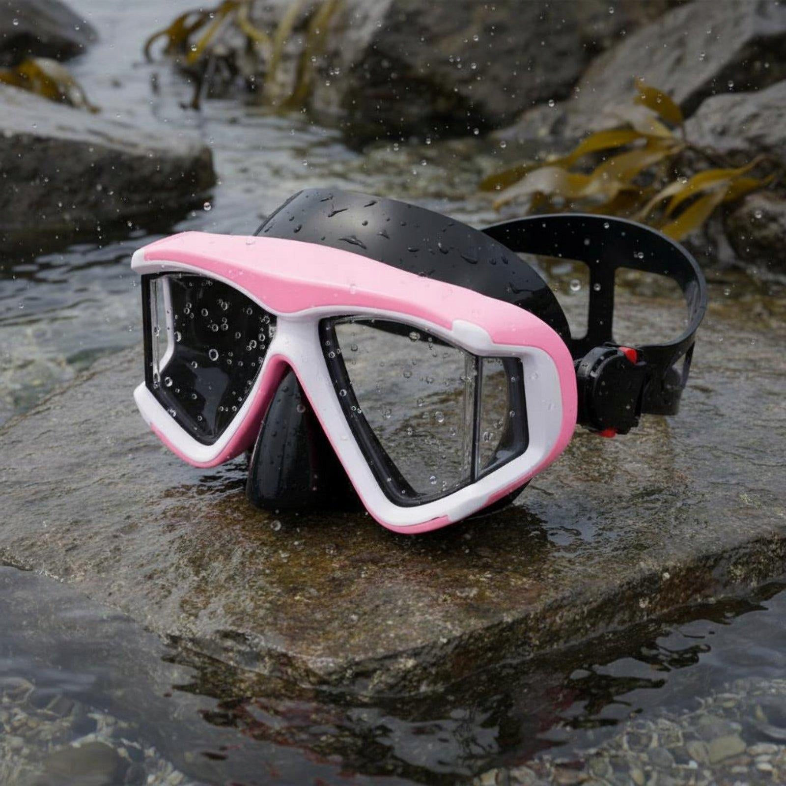 Large Lens Diving Goggles with Nose Protection Waterproof Silicone Pink Packaging status original