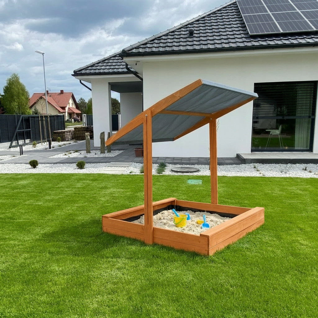 Large Sandbox with Canopy Impregnated Wooden Lockable 120x120cm Packaging status original