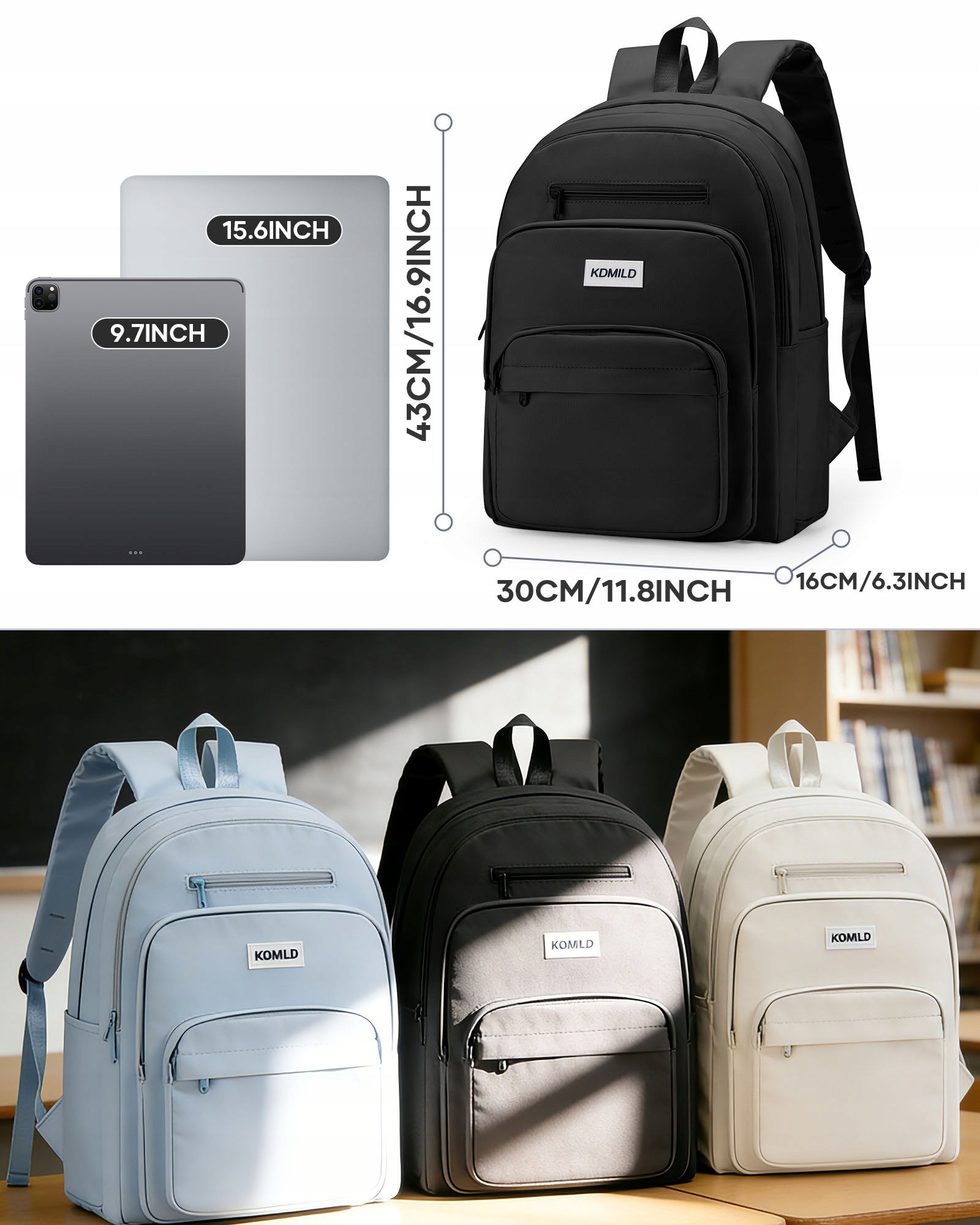 Large School Backpack Black Fits A4 Laptop Multi Pocket Youth Boys Girls Kind school