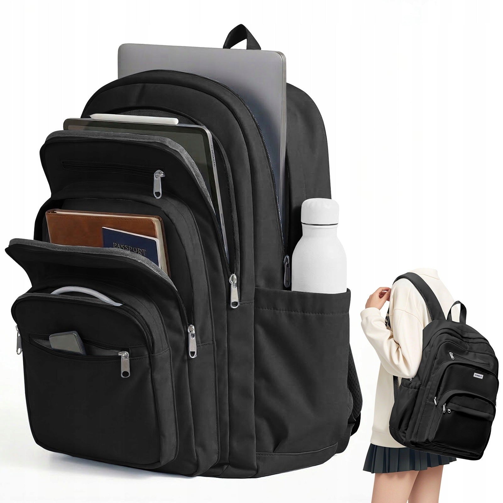 Large School Backpack Black Fits A4 Laptop Multi Pocket Youth Boys Girls