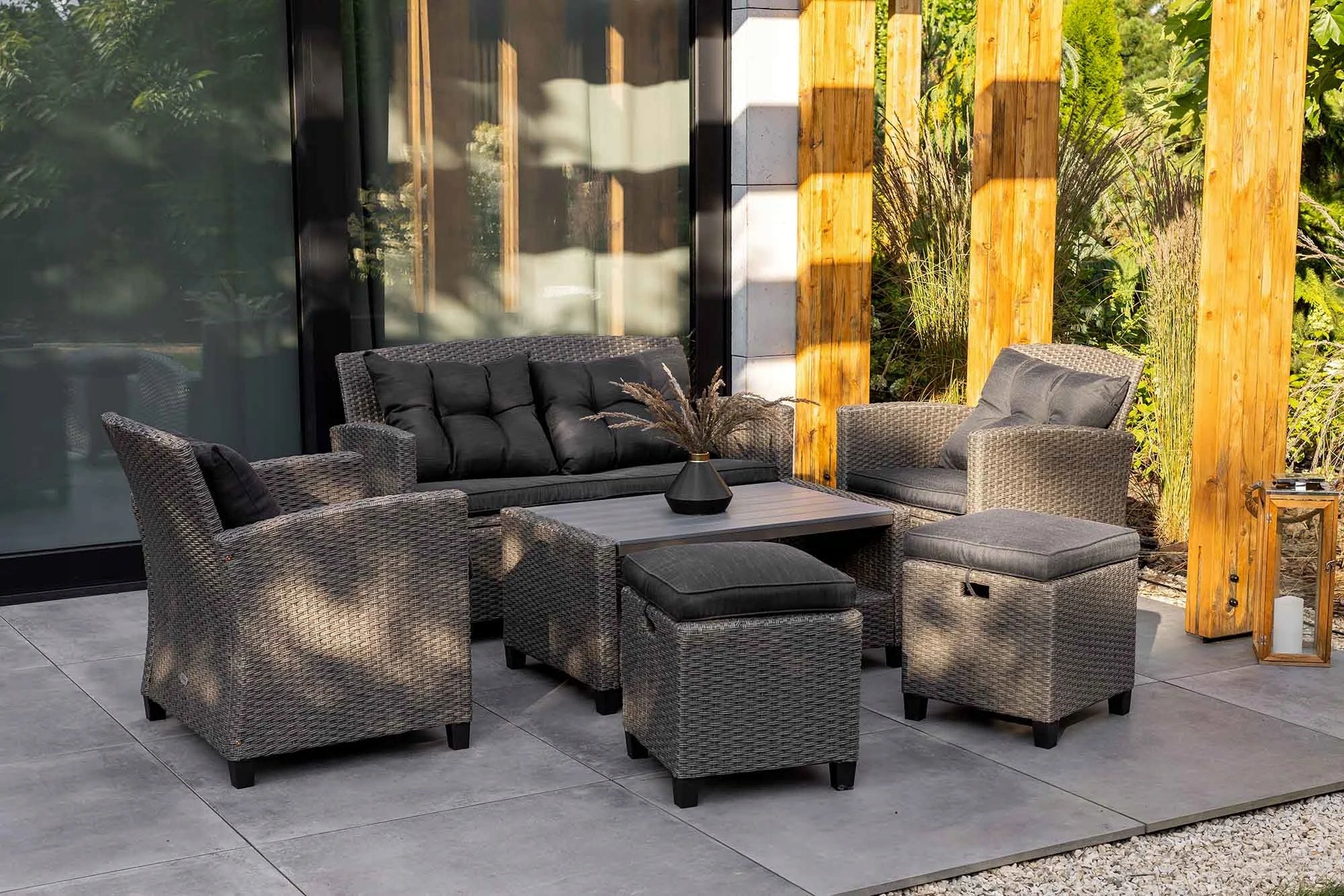 Large Set Garden Furniture 6 Seater Technorattan Sofa Armchairs Table Pouf Line Firenze