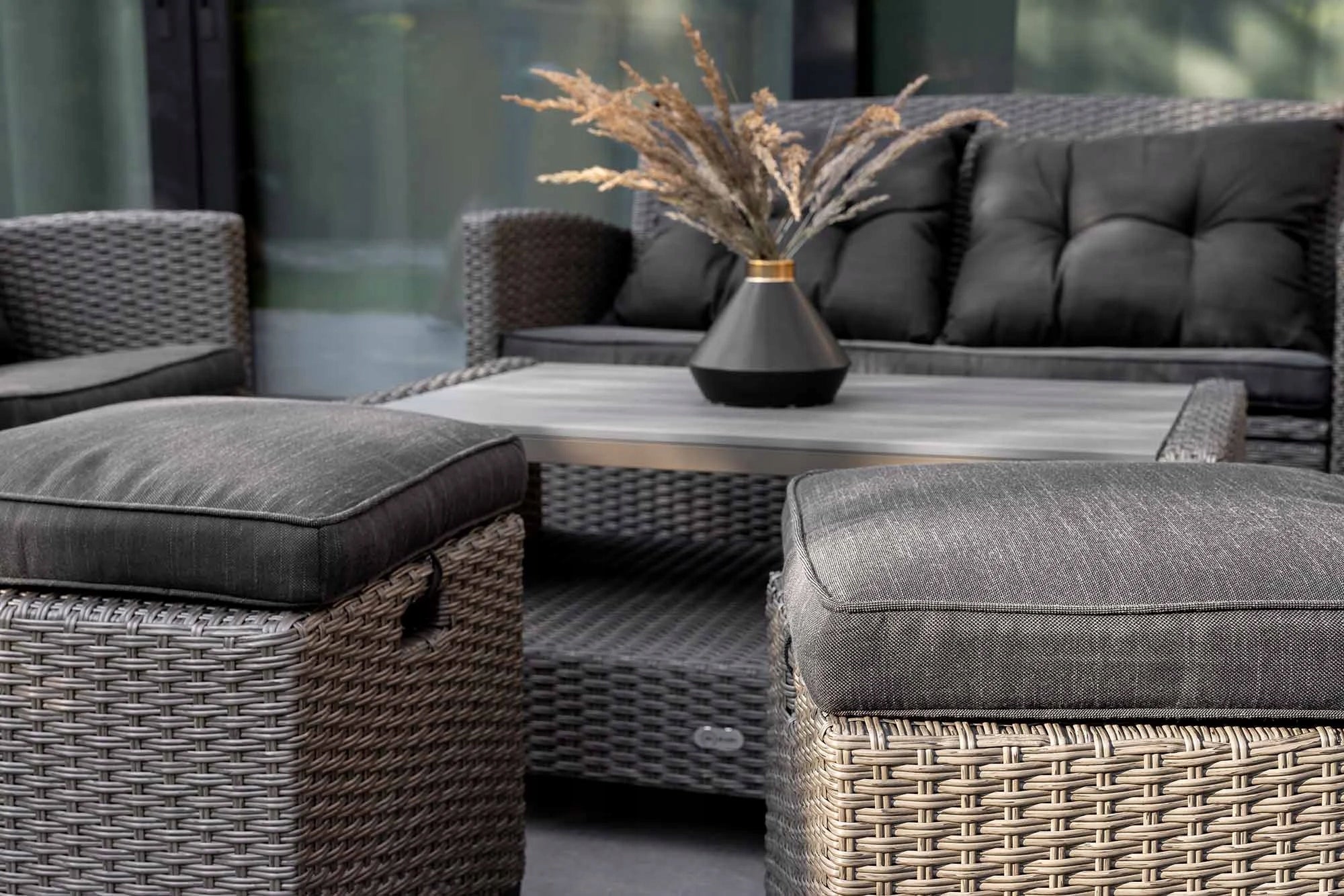 Large Set Garden Furniture 6 Seater Technorattan Sofa Armchairs Table Pouf Set contents armchair bench low coffee table pouf