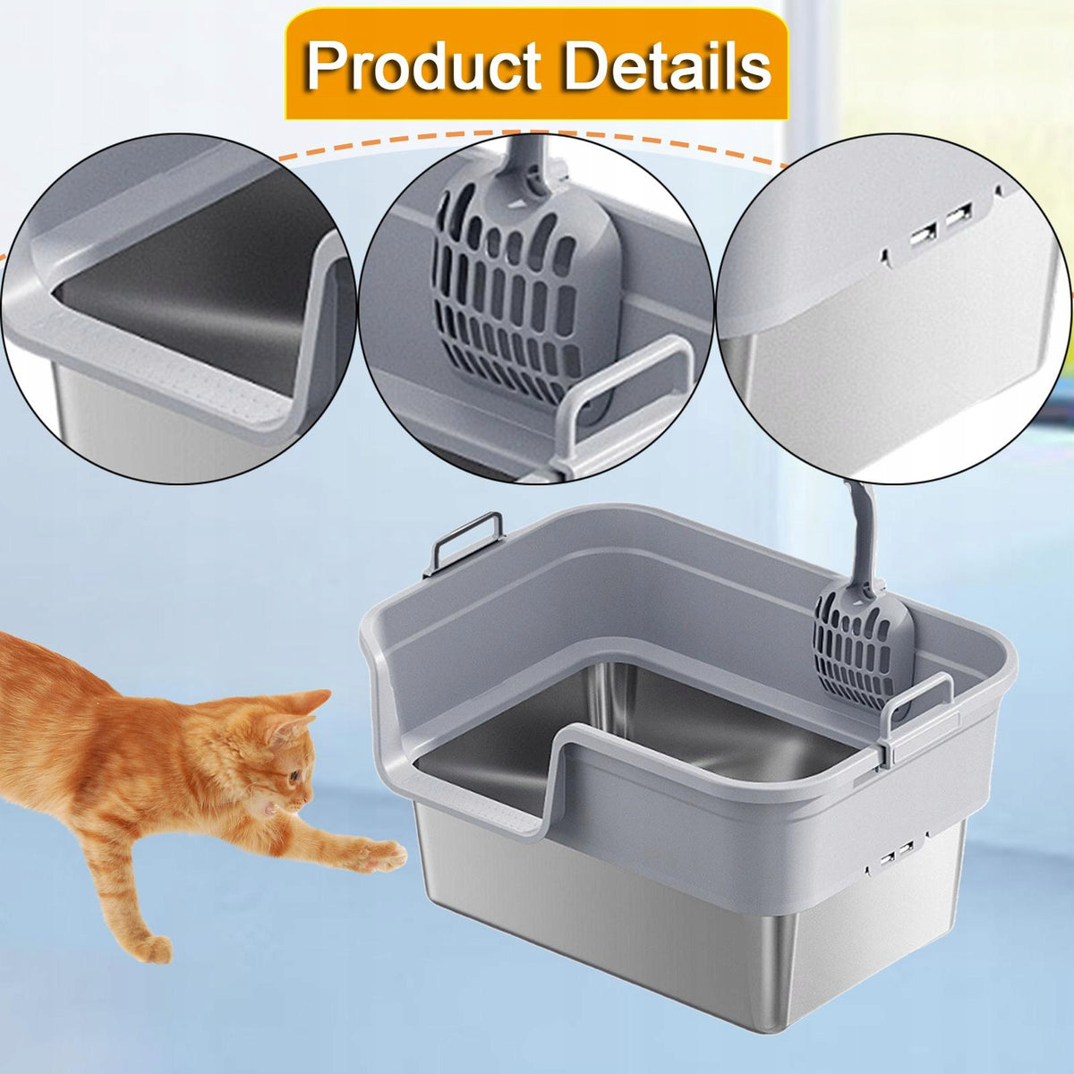 Large Stainless Steel Cat Litter Box with High Sides, Raised Light Gray Packaging status original