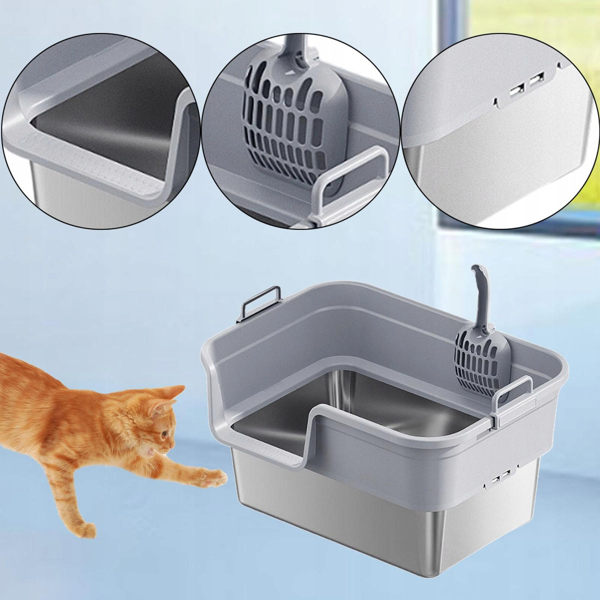 Large Stainless Steel Cat Litter Box with High Sides, Raised Light Gray