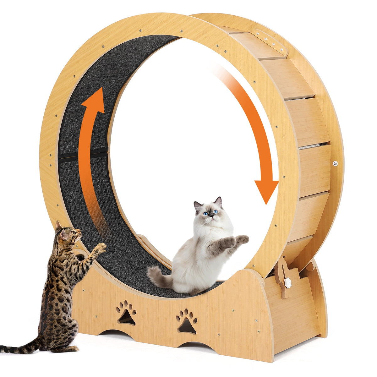 Large Wooden Cat Exercise Wheel Treadmill, Detachable Carpeted Track