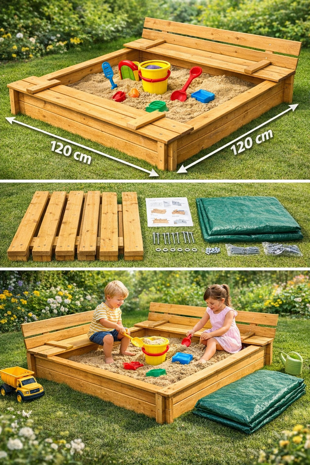 Large Wooden Sandbox 120x120 with Benches | Impregnated | Tarpaulin Brand no brand