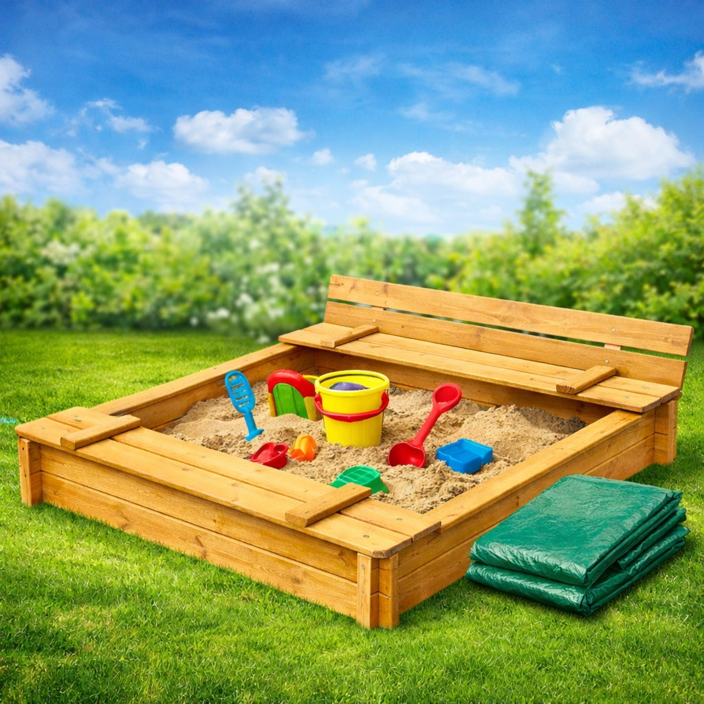 Large Wooden Sandbox 120x120 with Benches | Impregnated | Tarpaulin Kind wooden