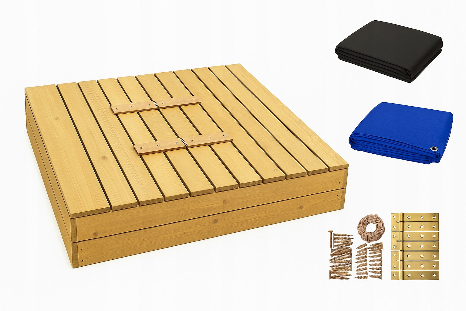 Large Wooden Sandbox 120x120 with Benches | Impregnated | Tarpaulin Packaging status original