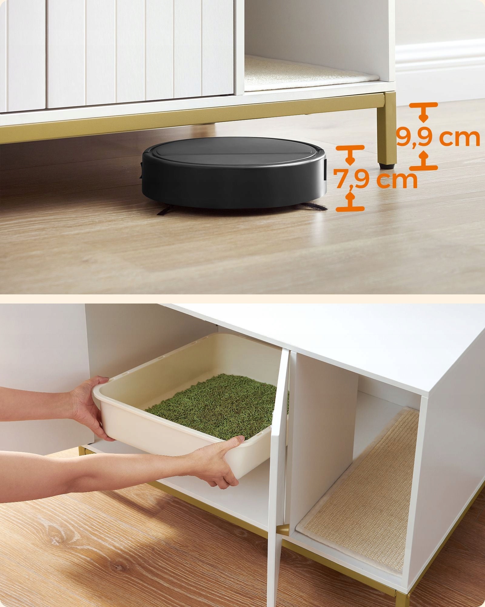 Large built-in cat litter box in a white cabinet on golden steel legs Brand Feandrea