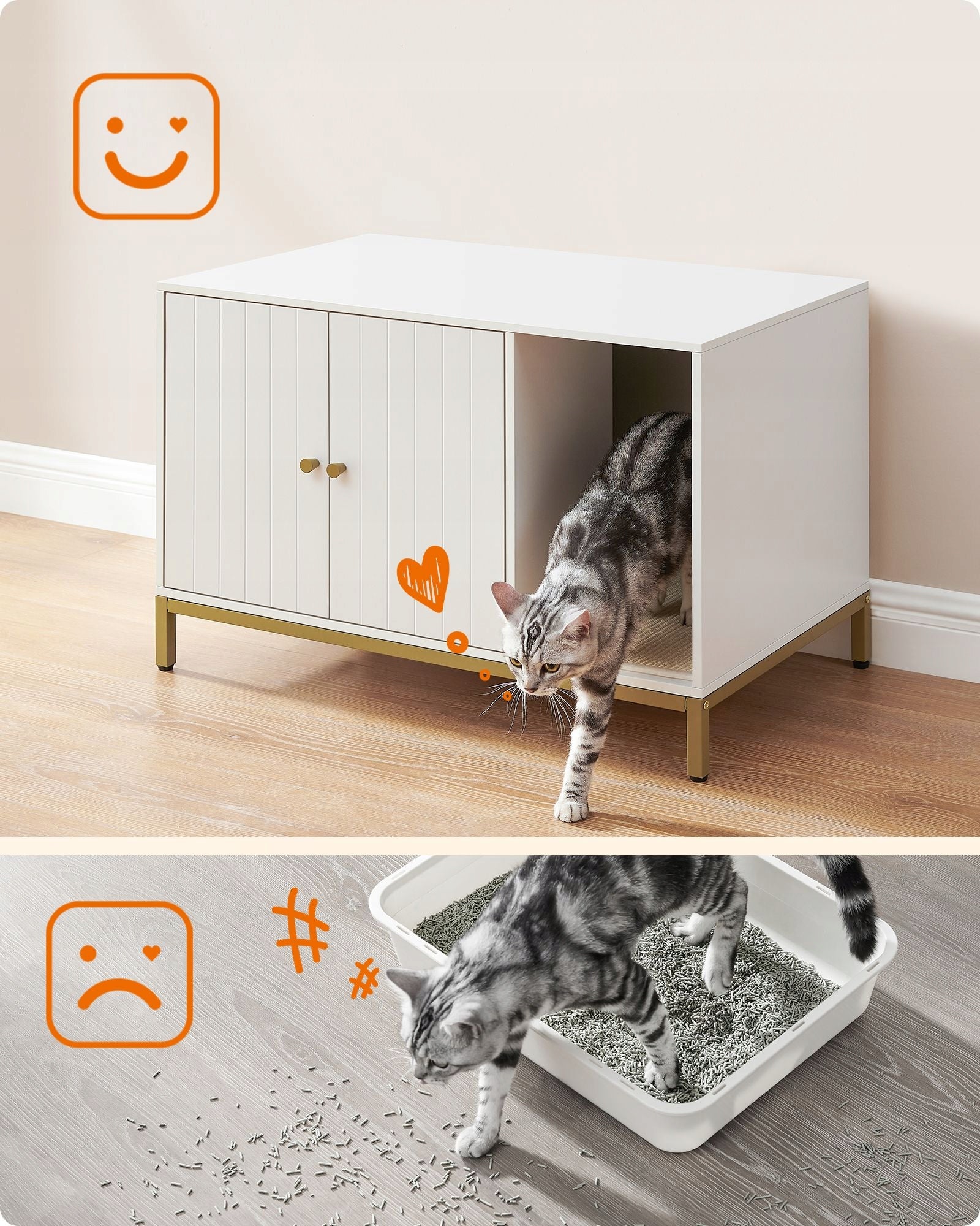 Large built-in cat litter box in a white cabinet on golden steel legs Length 80 cm