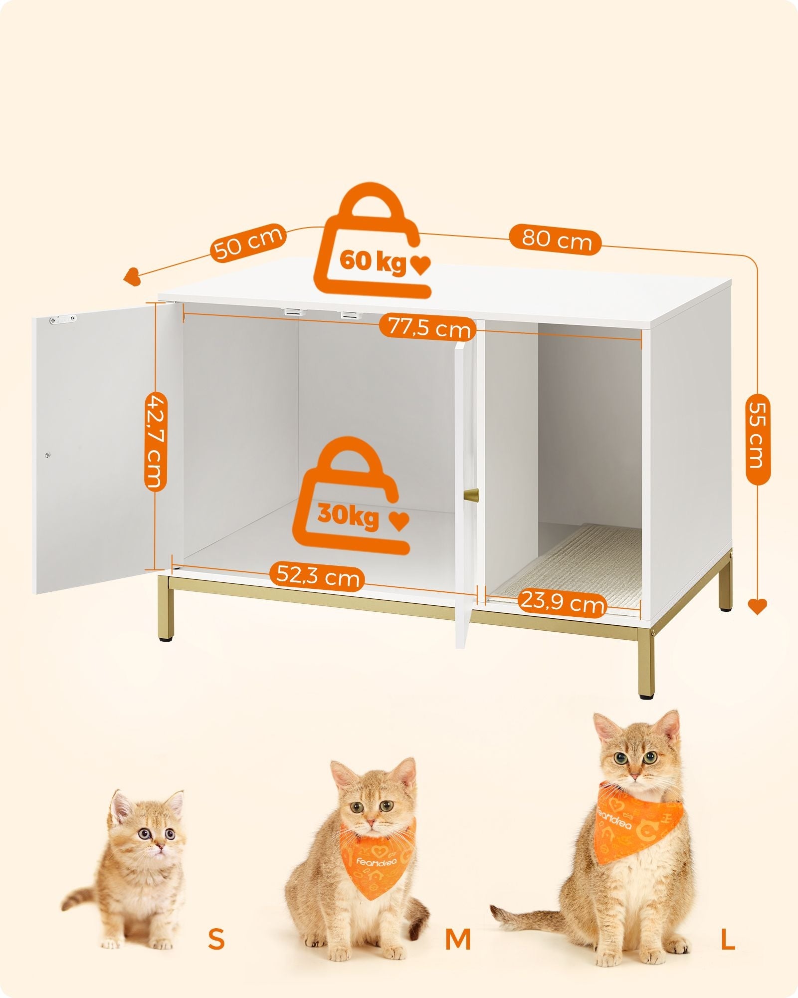 Large built-in cat litter box in a white cabinet on golden steel legs Manufacturer code PCL007W01