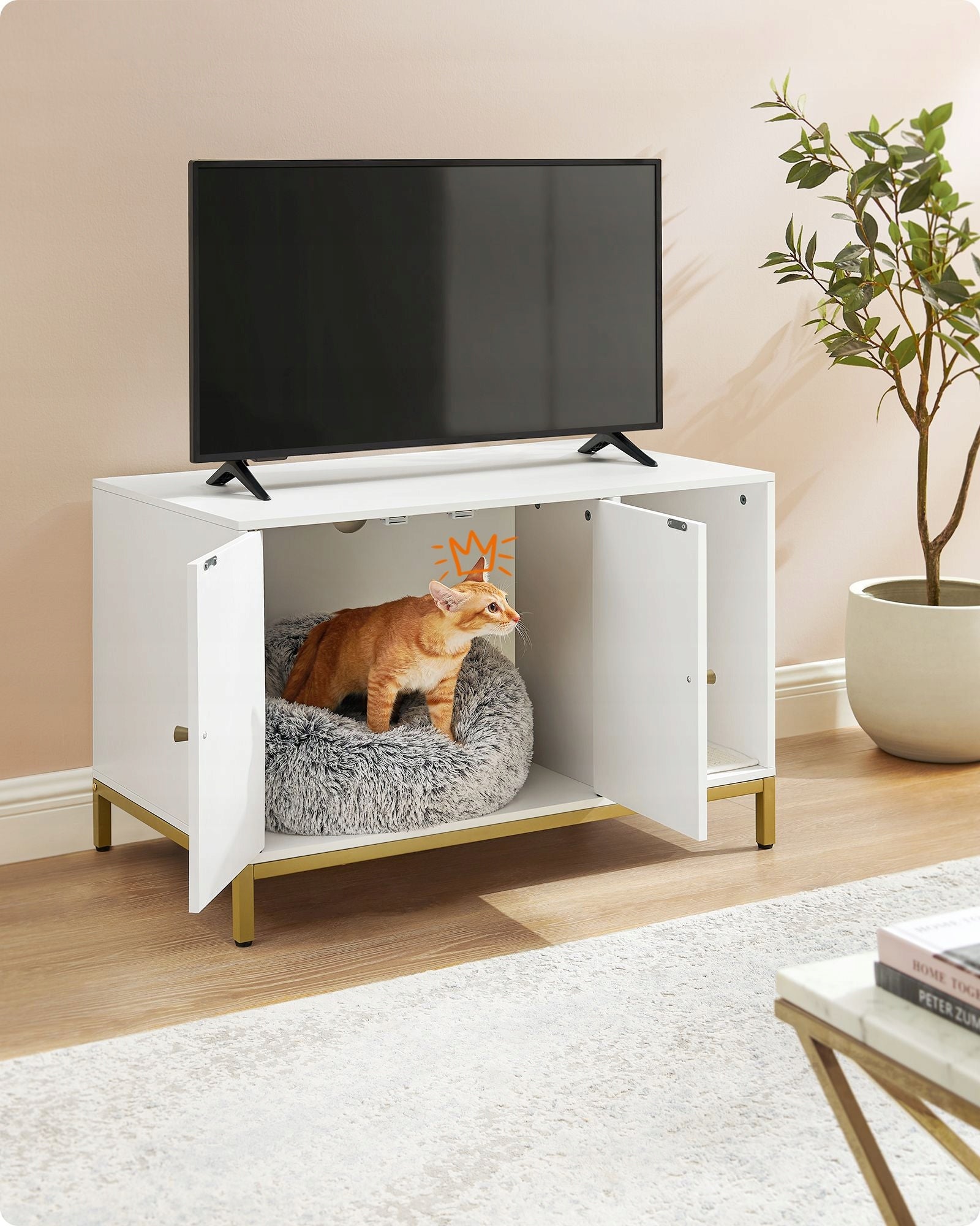Large built-in cat litter box in a white cabinet on golden steel legs Packaging status original