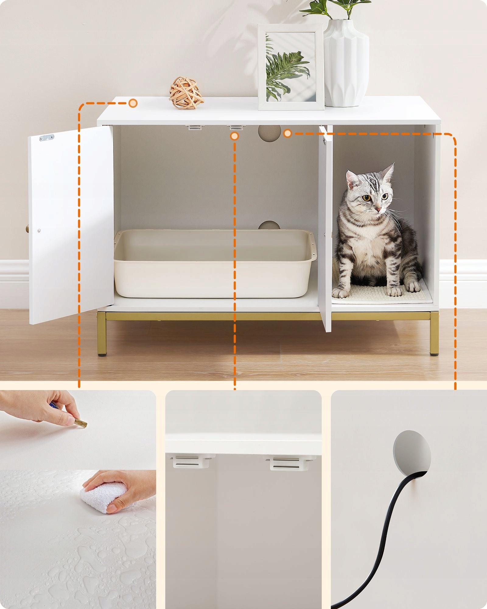 Large built-in cat litter box in a white cabinet on golden steel legs Product width 50 cm