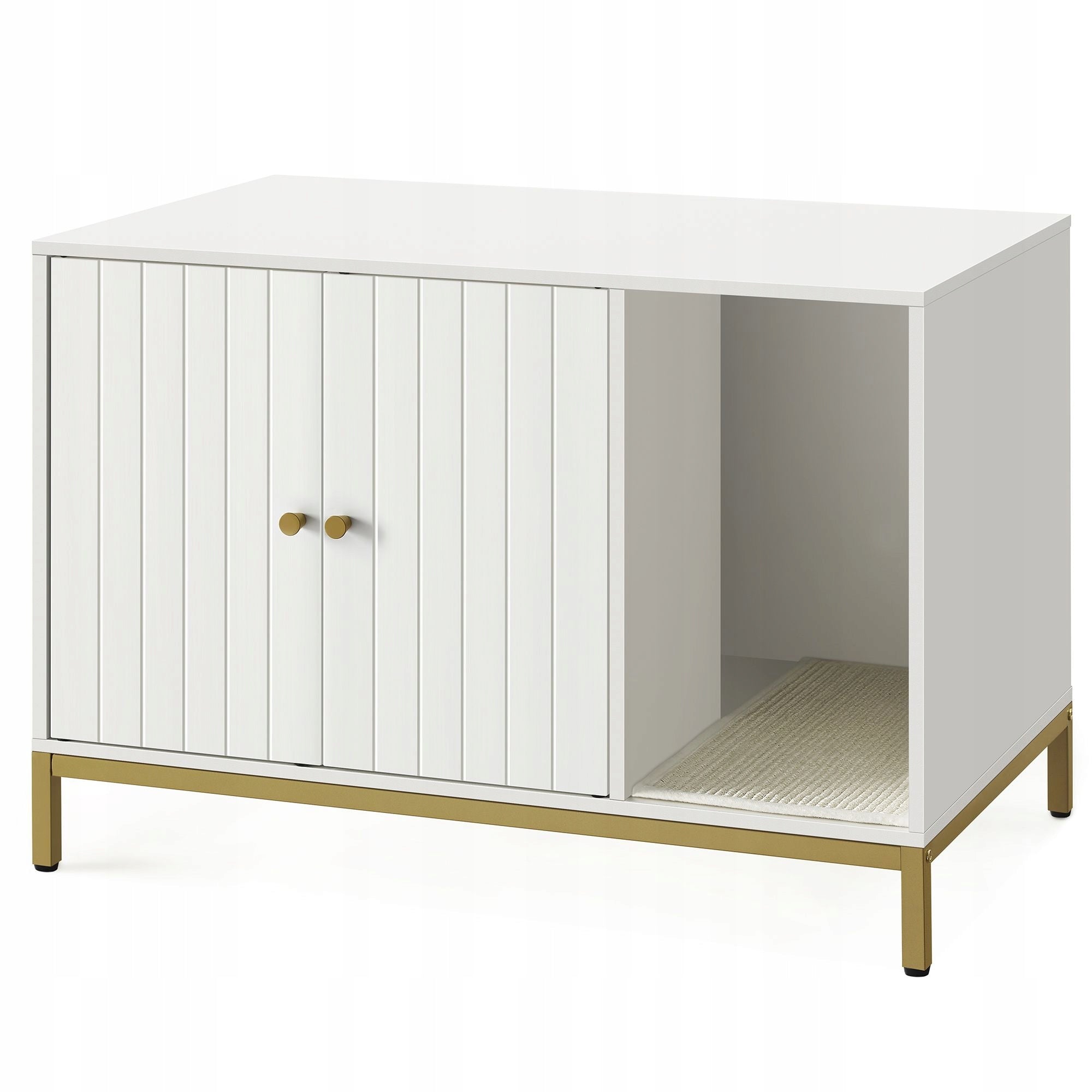 Large built-in cat litter box in a white cabinet on golden steel legs