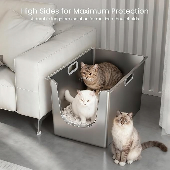Large cat litter box PTLOM XL – stainless steel, high rim, open Kind open litter box