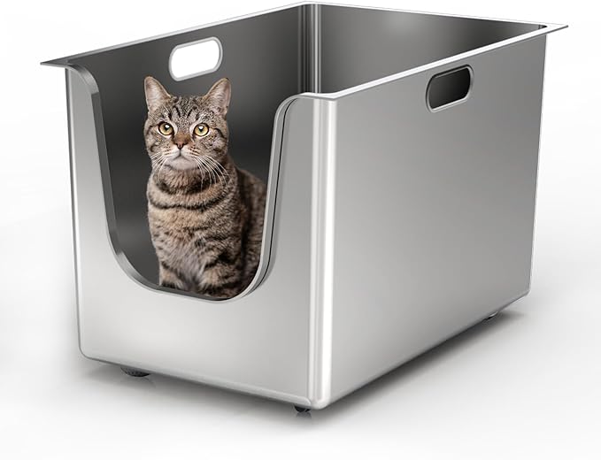 Large cat litter box PTLOM XL – stainless steel, high rim, open