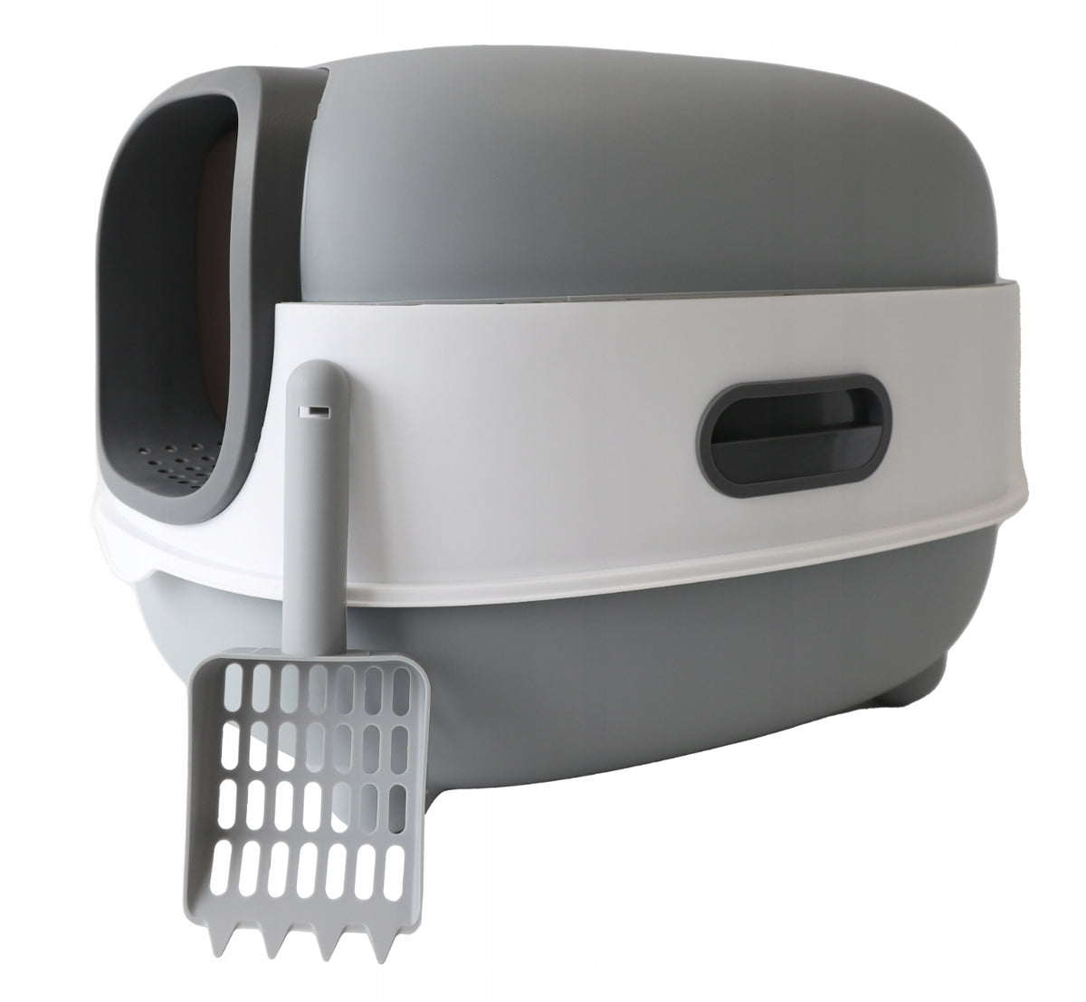 Large cat litter box closed grey with COSMO spatula Packaging status original