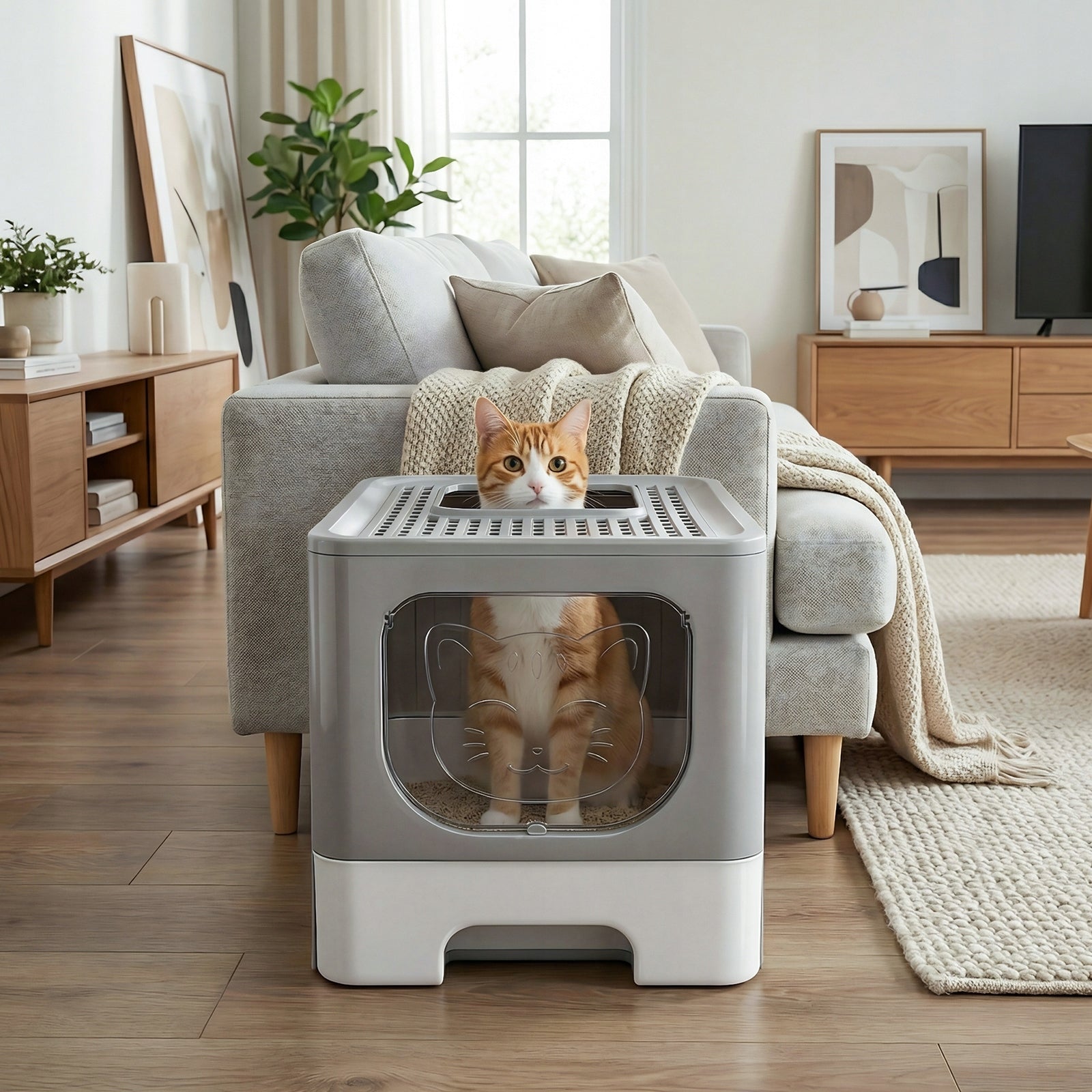 Large cat litter box lockable folding with pull-out drawer and XXL spatula Model B4Z4U