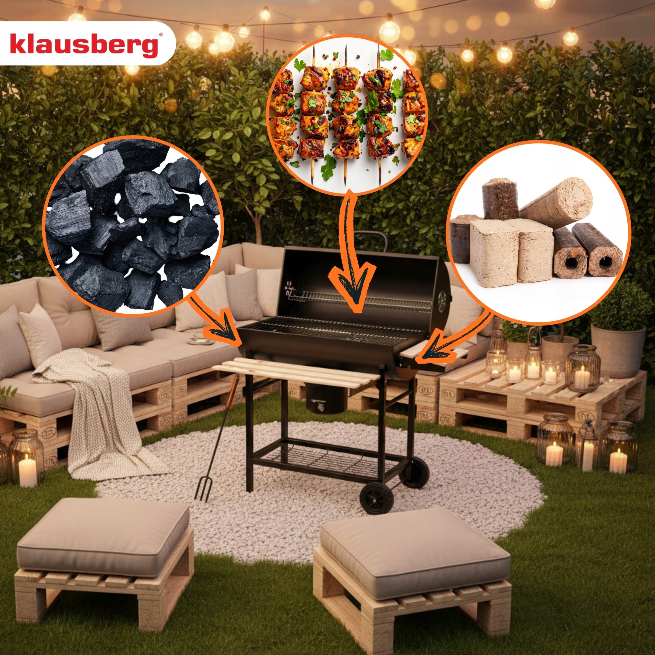 Large charcoal garden grill KLAUSBERG KB-9033 + lid + shelves + Ashtray Grill depth 63.5 cm