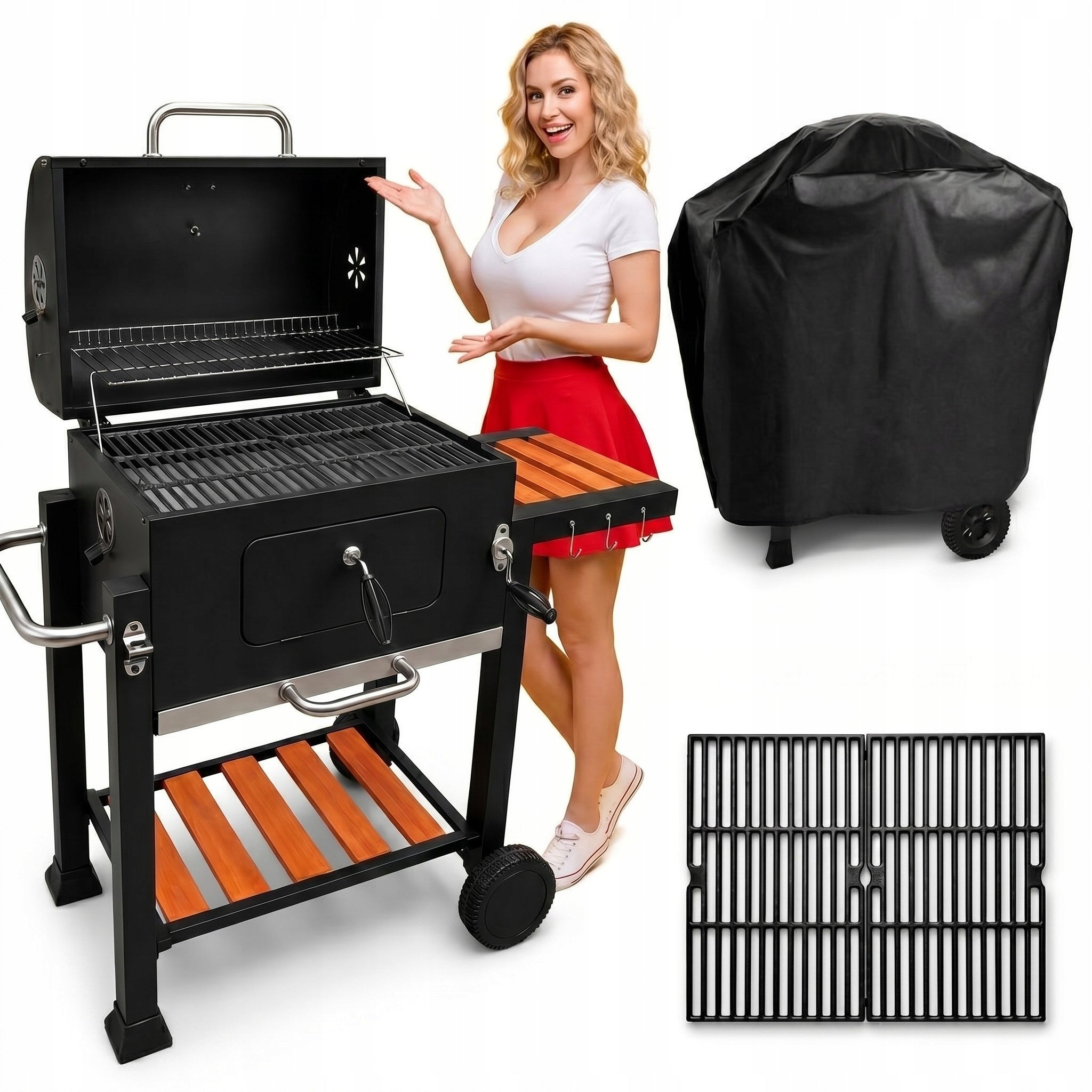Large charcoal grill cast iron grate 113,5x50x107 cm garden XXL with lid