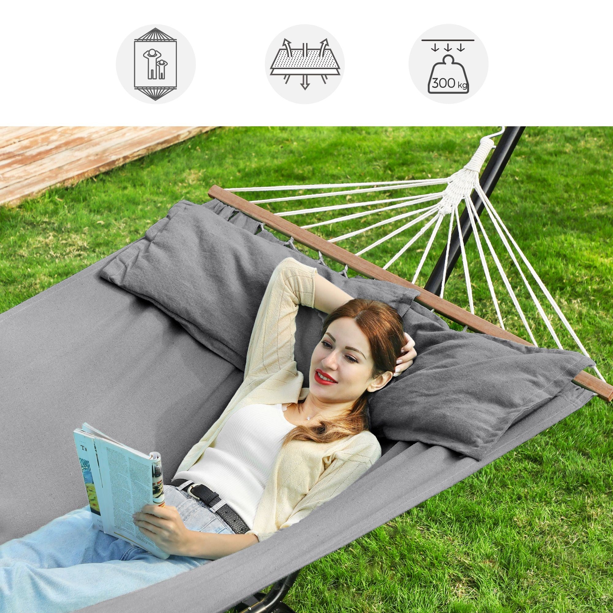 Large double garden hammock with 2 soft cushions and side pocket Kind hammock with rod